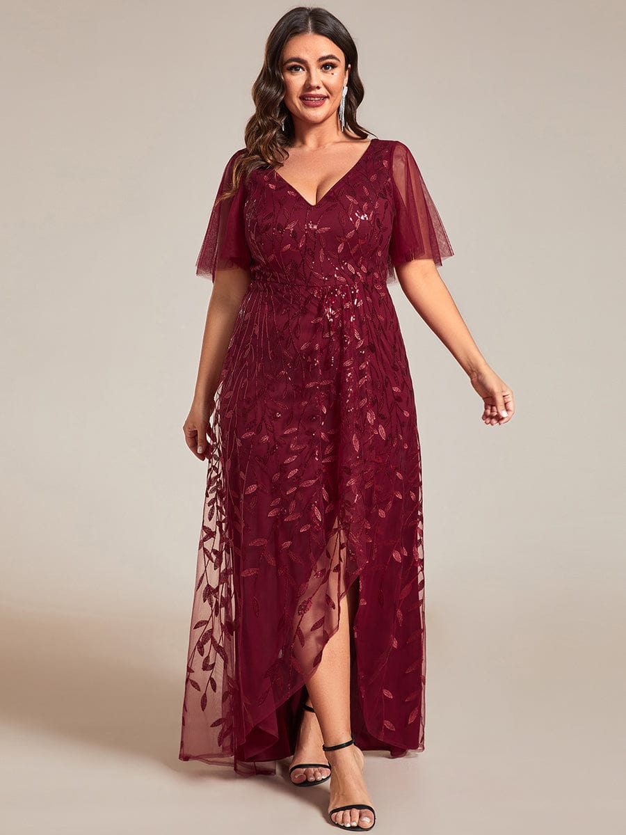 Robes de soirée pailletées à fente haute et col en V de grande taille #Couleur_Bordeaux