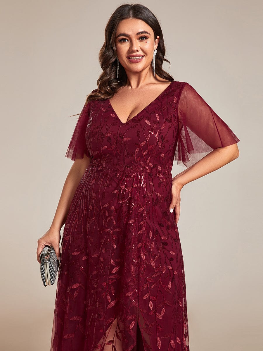 Robes de soirée pailletées à fente haute et col en V de grande taille #Couleur_Bordeaux