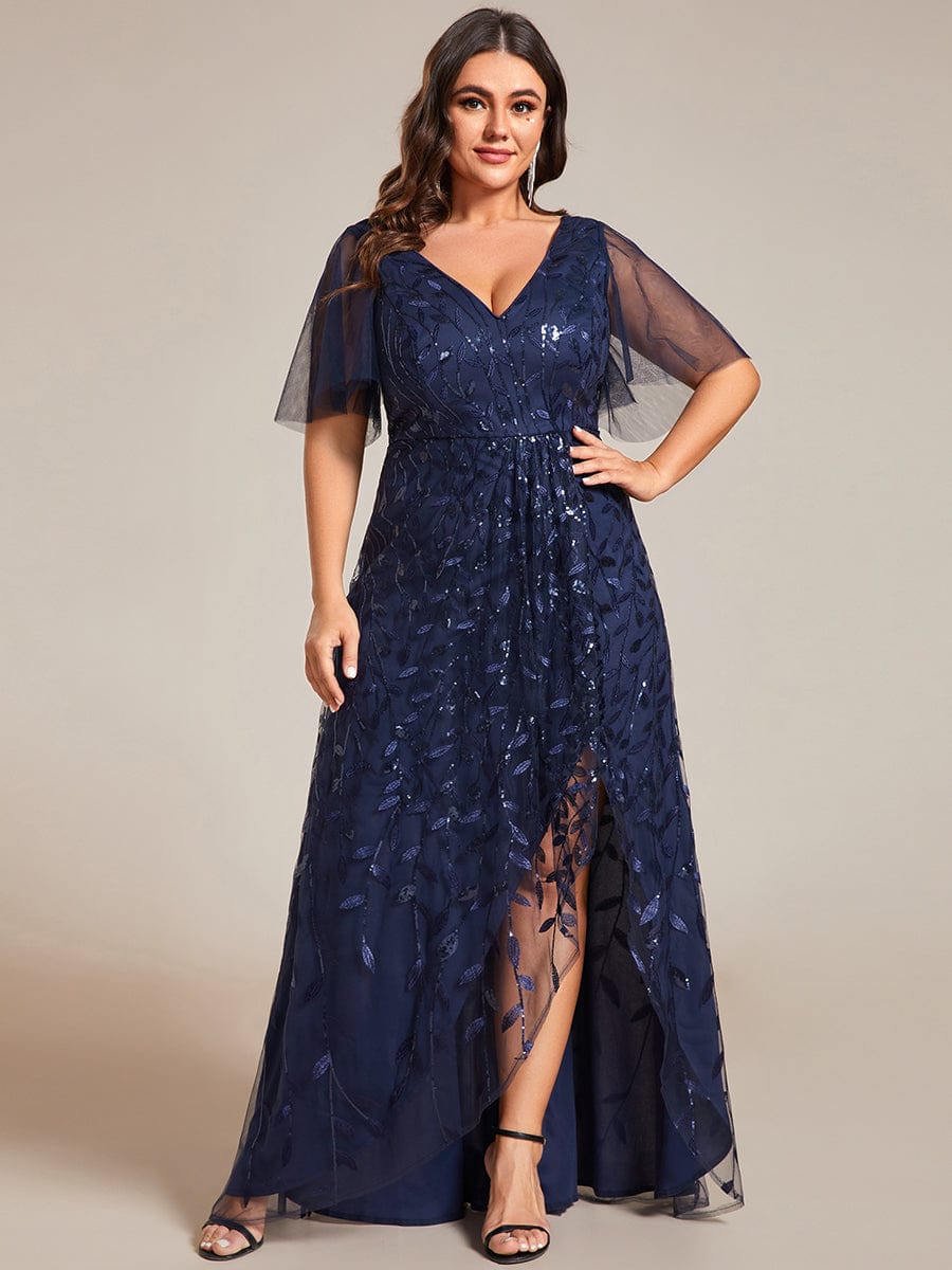 Robes de soirée pailletées à fente haute et col en V de grande taille #Couleur_Bleu Marine