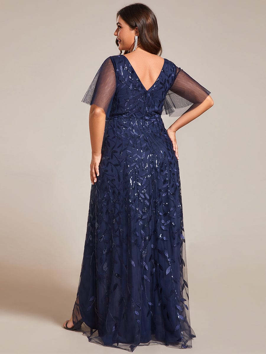 Robes de soirée pailletées à fente haute et col en V de grande taille #Couleur_Bleu Marine