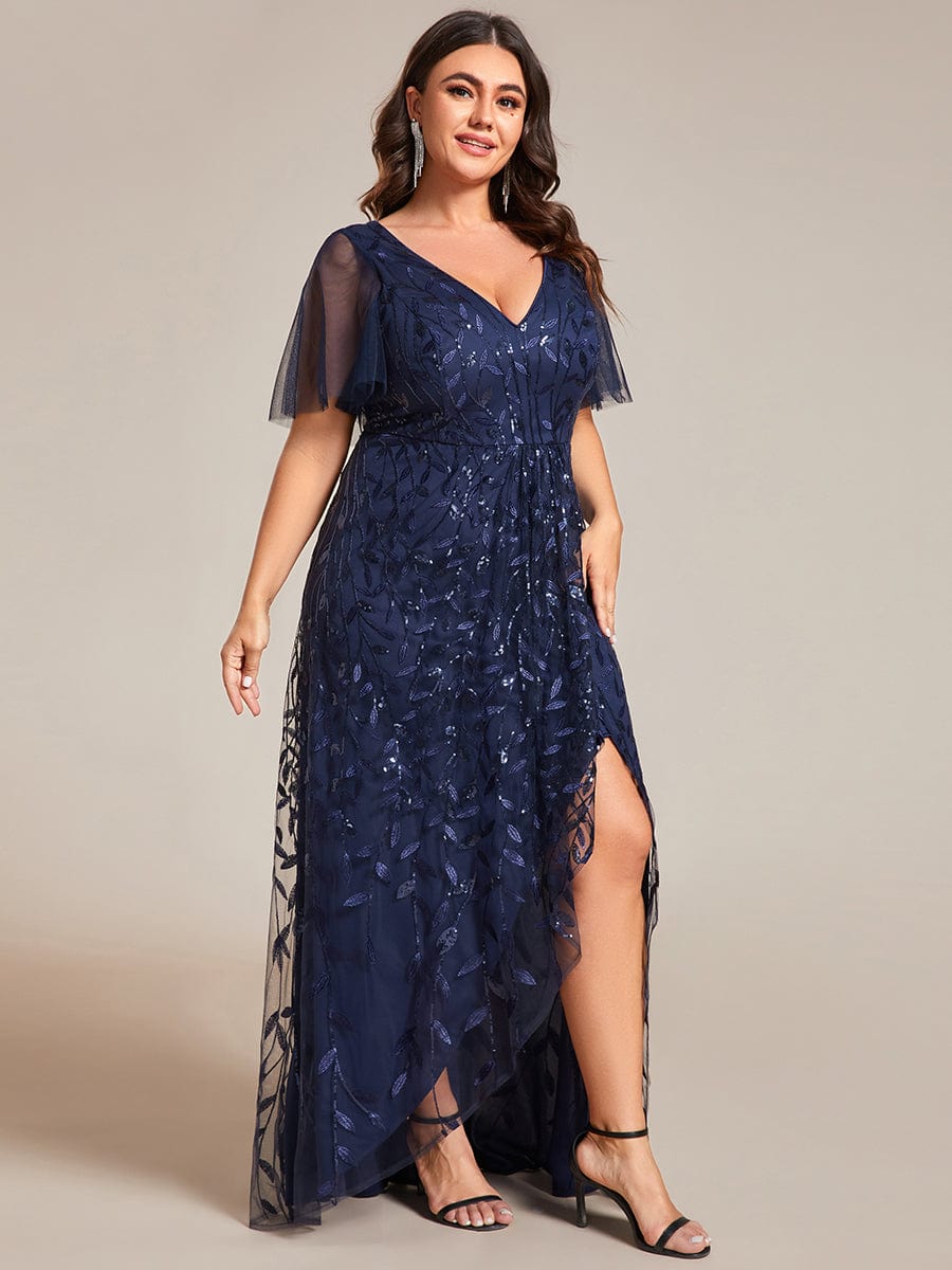 Robes de soirée pailletées à fente haute et col en V de grande taille #Couleur_Bleu Marine