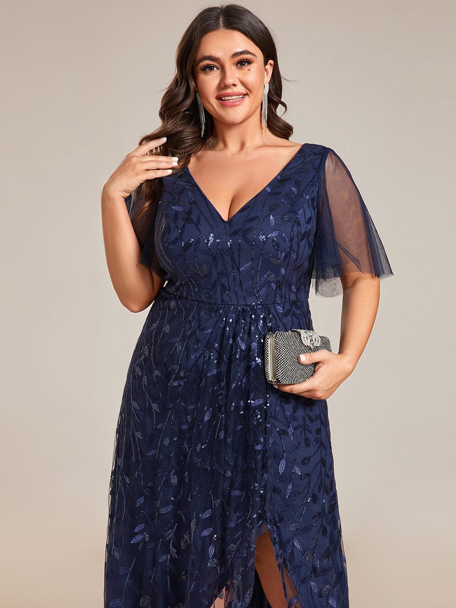 Robes de soirée pailletées à fente haute et col en V de grande taille #Couleur_Bleu Marine