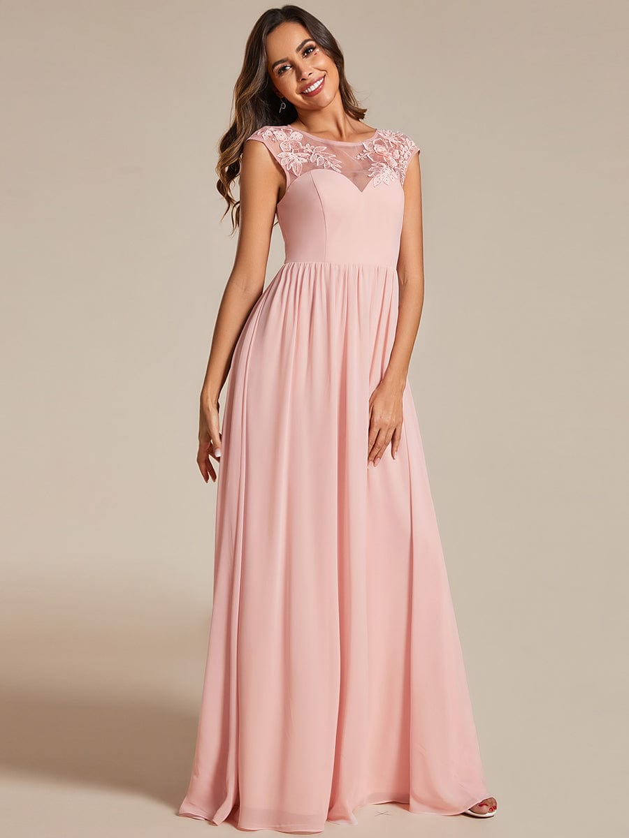 Robe de soirée trapèze à manches courtes et col rond en mousseline de soie avec imprimé sur les épaules #Couleur_Rose