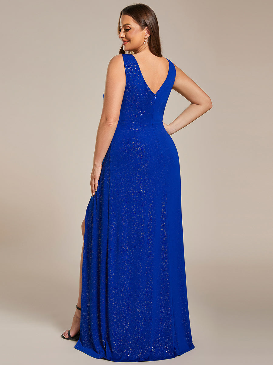 Robe de soirée formelle brillante à col en V et fente latérale de grande taille #Couleur_Bleu Saphir