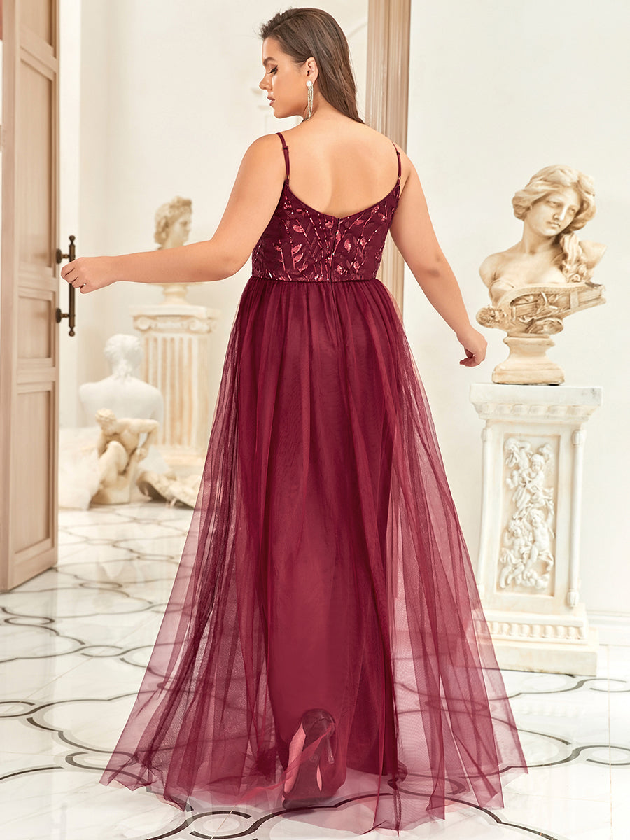 Robe mariage invitée en tulle à col en V et bretelles minces brodées au sol #Couleur_Bordeaux