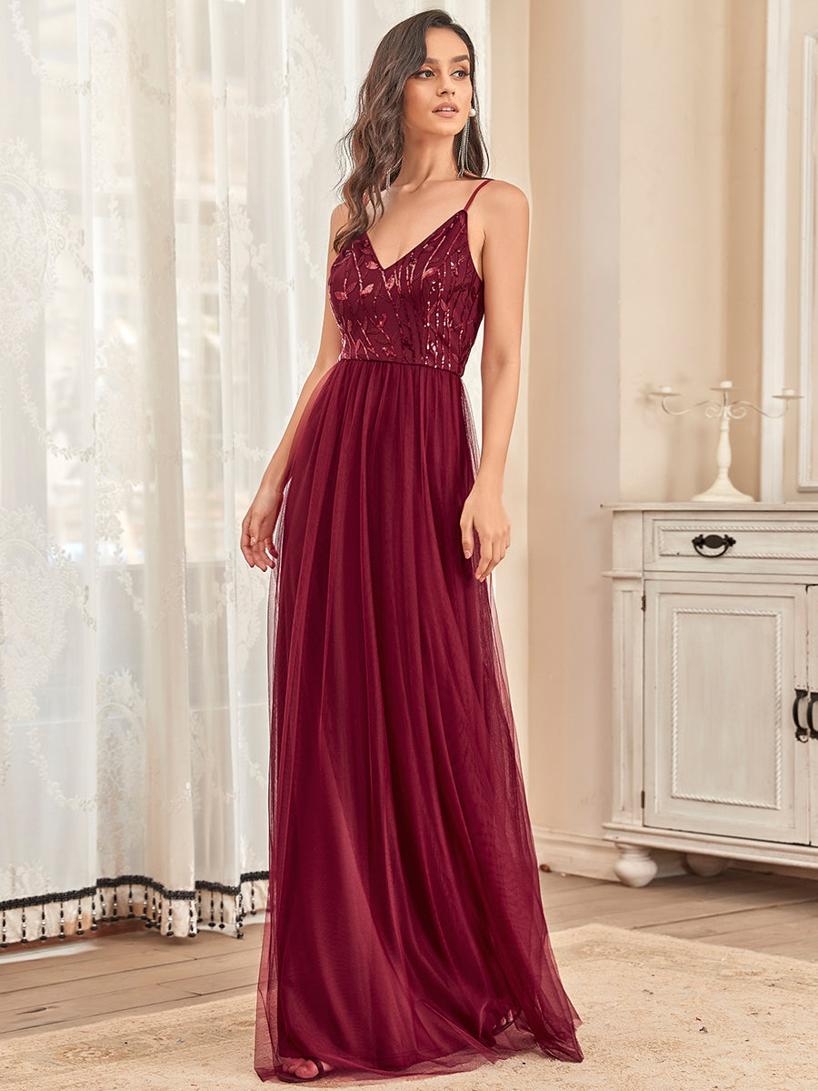 Taille personnalisée Robe de soirée Tulle Col V bretelles fines #Couleur_Bordeaux