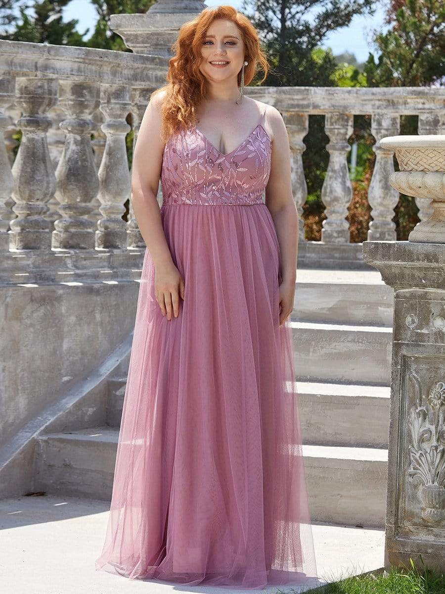 Robe de Bal en tulle à col en V et bretelles minces brodées au sol #Couleur_Orchidee