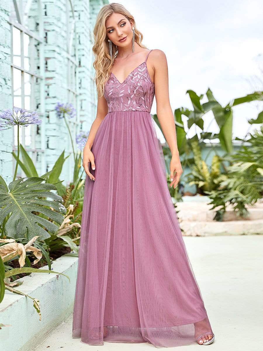 Taille personnalisée Robe de soirée Tulle Col V bretelles fines #Couleur_Orchidee