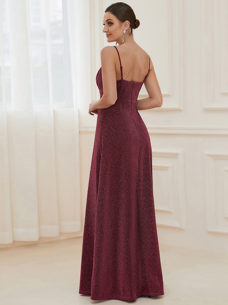 Robe de soirée longue vintage à col en V et bretelles spaghetti scintillantes #Couleur_Bordeaux