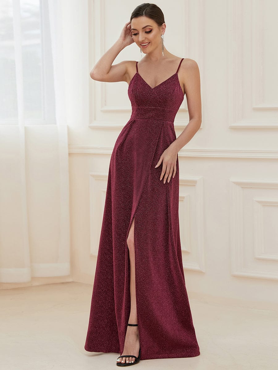 Robe de soirée longue vintage à col en V et bretelles spaghetti scintillantes #Couleur_Bordeaux