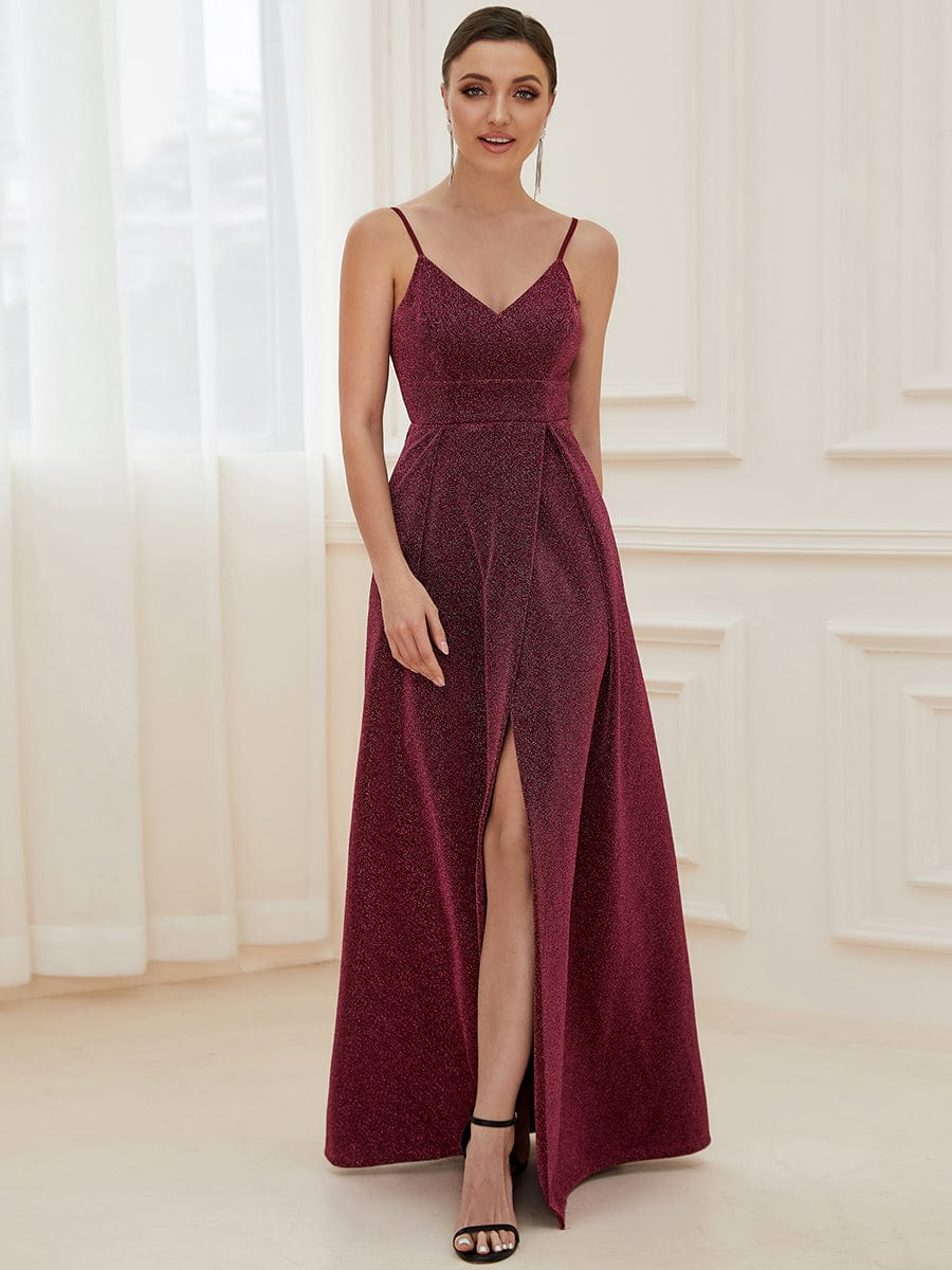 Robe de soirée longue vintage à col en V et bretelles spaghetti scintillantes #Couleur_Bordeaux