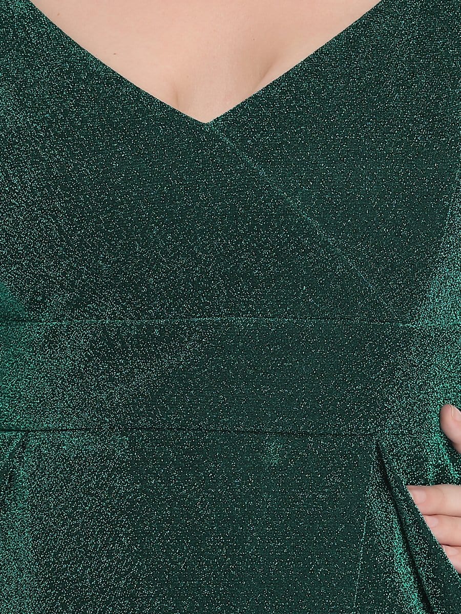 Robe de soirée longue vintage à col en V et bretelles spaghetti scintillantes #Couleur_Vert Fonce