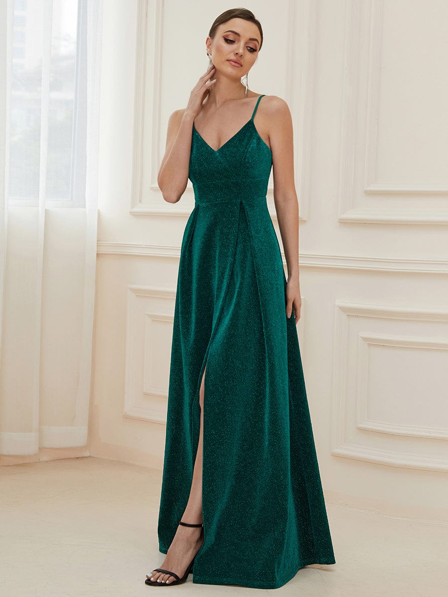 Robe de soirée longue vintage à col en V et bretelles spaghetti scintillantes #Couleur_Vert Fonce