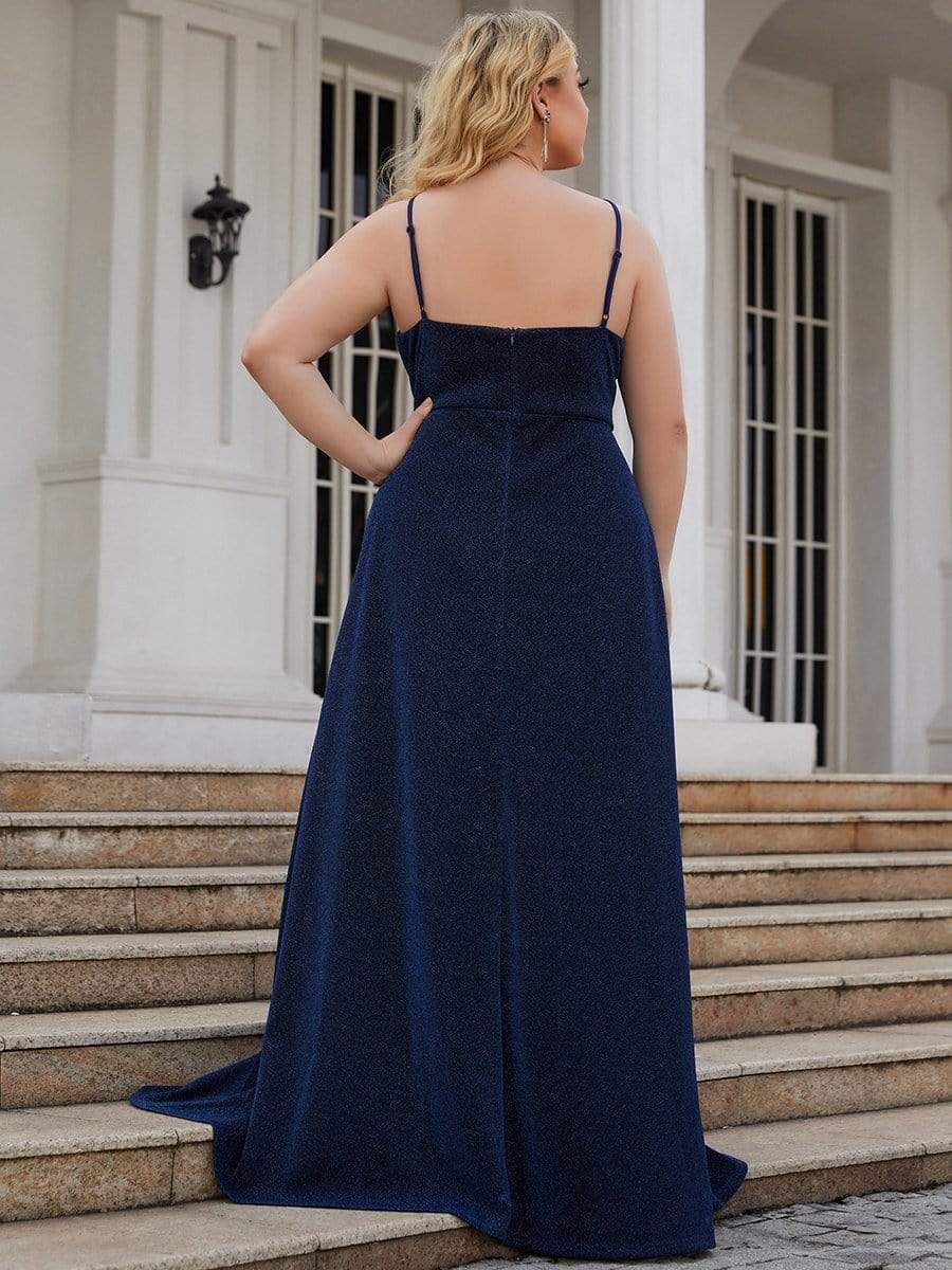 Robe de soirée longue vintage à col en V et bretelles spaghetti scintillantes #Couleur_Bleu Marine