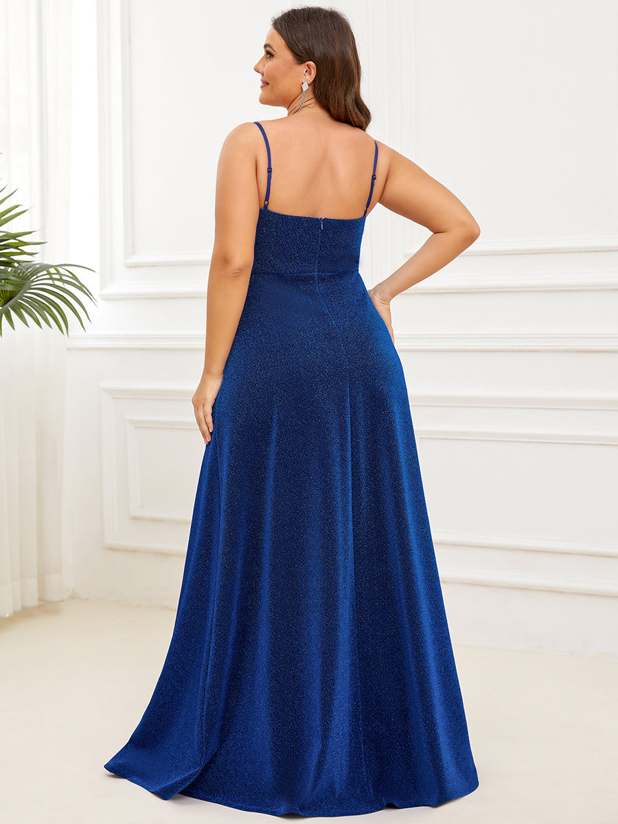 Robe de soirée longue vintage à col en V et bretelles spaghetti scintillantes #Couleur_Bleu Saphir