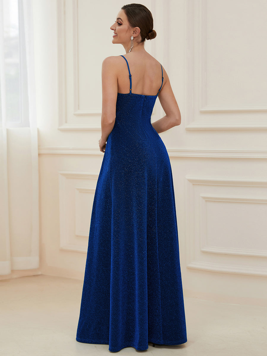 Robe de soirée longue vintage à col en V et bretelles spaghetti scintillantes #Couleur_Bleu Saphir