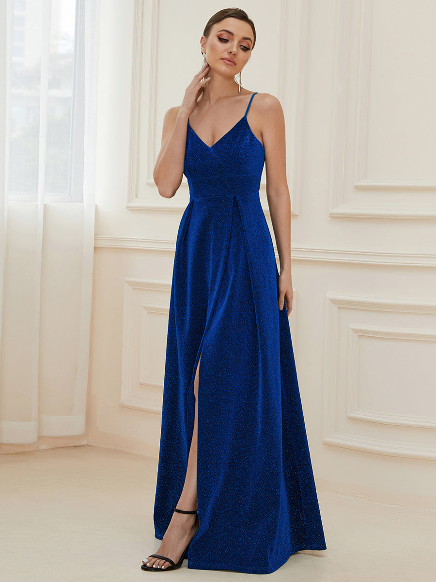 Robe de soirée longue vintage à col en V et bretelles spaghetti scintillantes #Couleur_Bleu Saphir