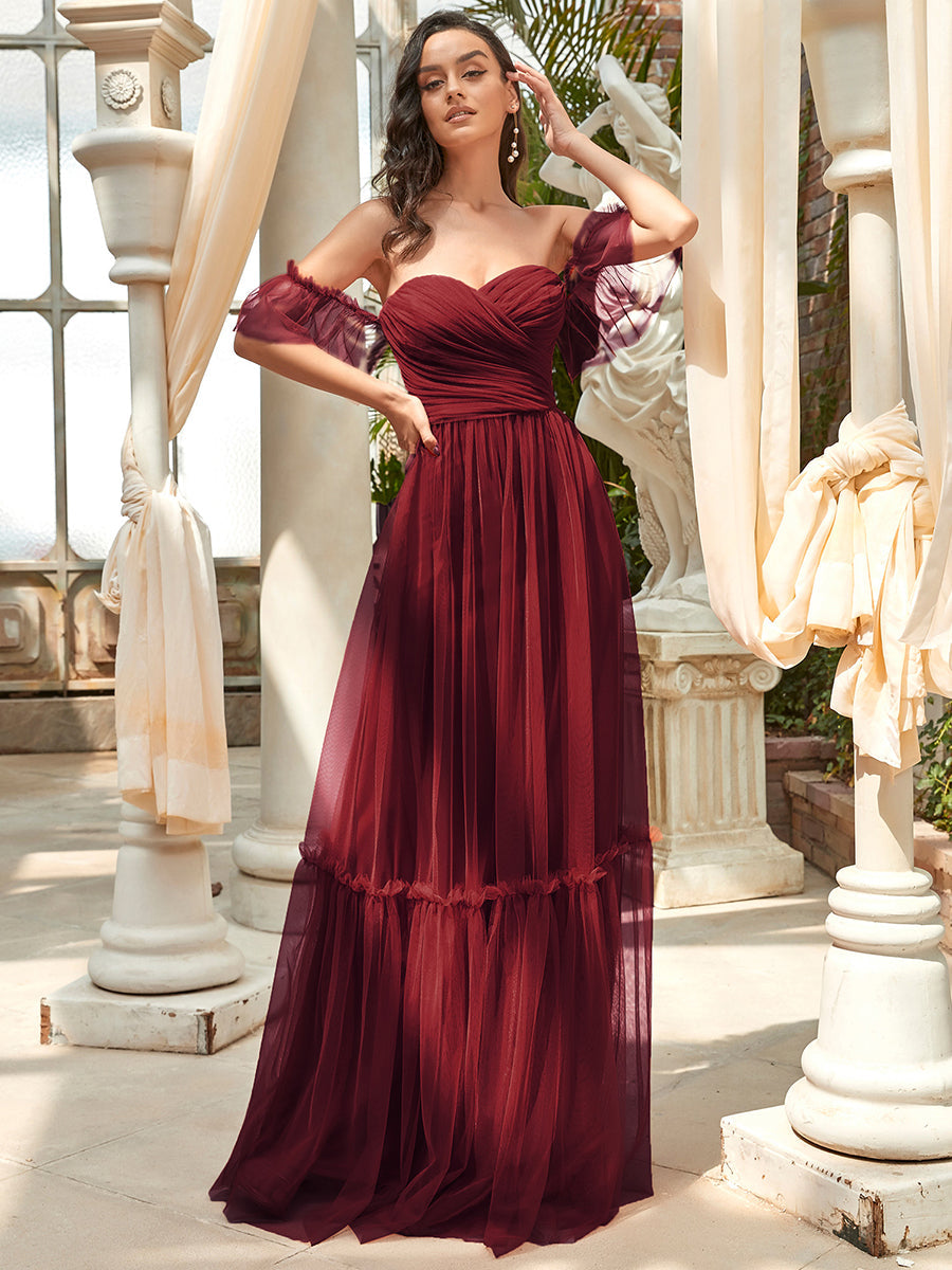 Robe Mariage Invitée en tulle plissée à épaules dénudées #Couleur_Bordeaux