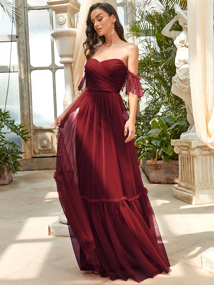 Taille personnalisée Robe de soirée Tulle plissée épaules dénudées #Couleur_Bordeaux