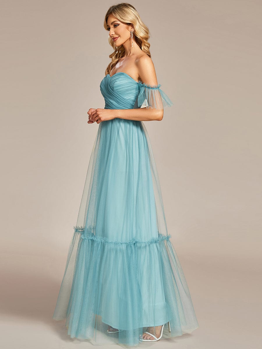 Robe Mariage Invitée en tulle plissée à épaules dénudées #Couleur_Bleu Fume