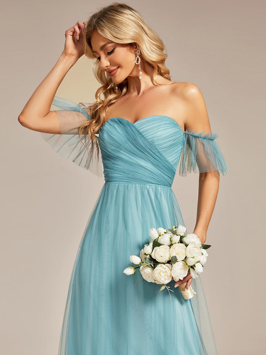 Robe Mariage Invitée en tulle plissée à épaules dénudées #Couleur_Bleu Fume