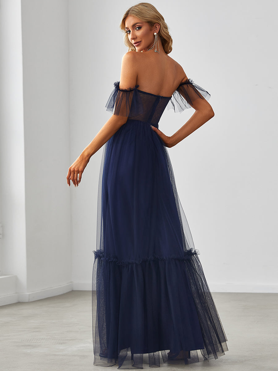 Robe Mariage Invitée en tulle plissée à épaules dénudées #Couleur_Bleu Marine