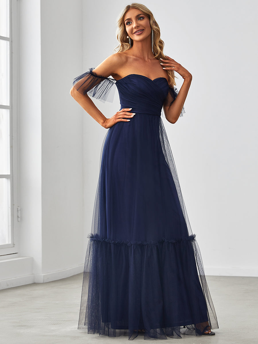 Robe Mariage Invitée en tulle plissée à épaules dénudées #Couleur_Bleu Marine