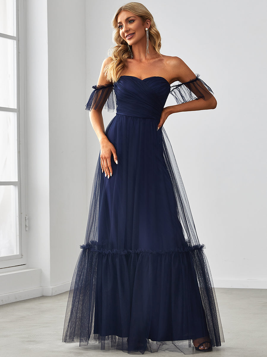 Robe Mariage Invitée en tulle plissée à épaules dénudées #Couleur_Bleu Marine