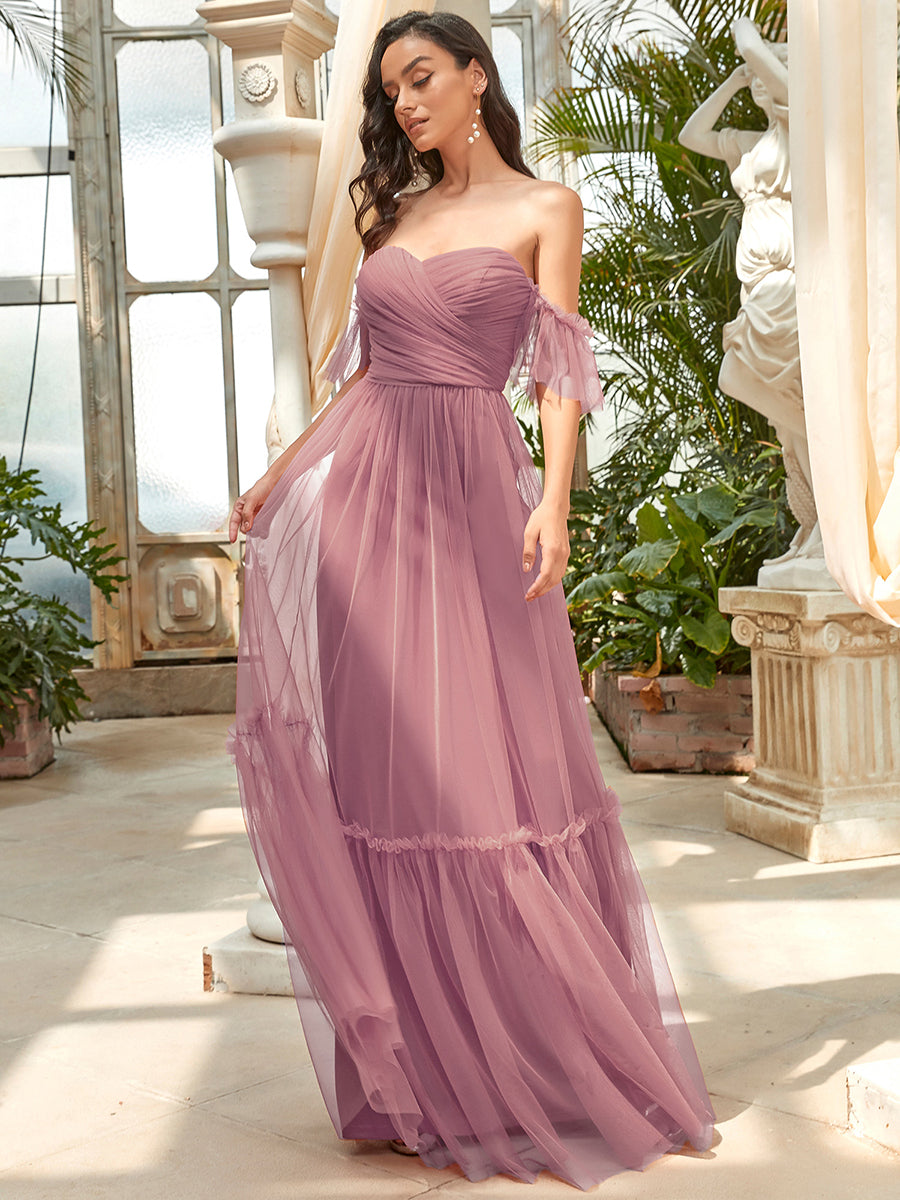 Robe Mariage Invitée en tulle plissée à épaules dénudées #Couleur_Orchidee