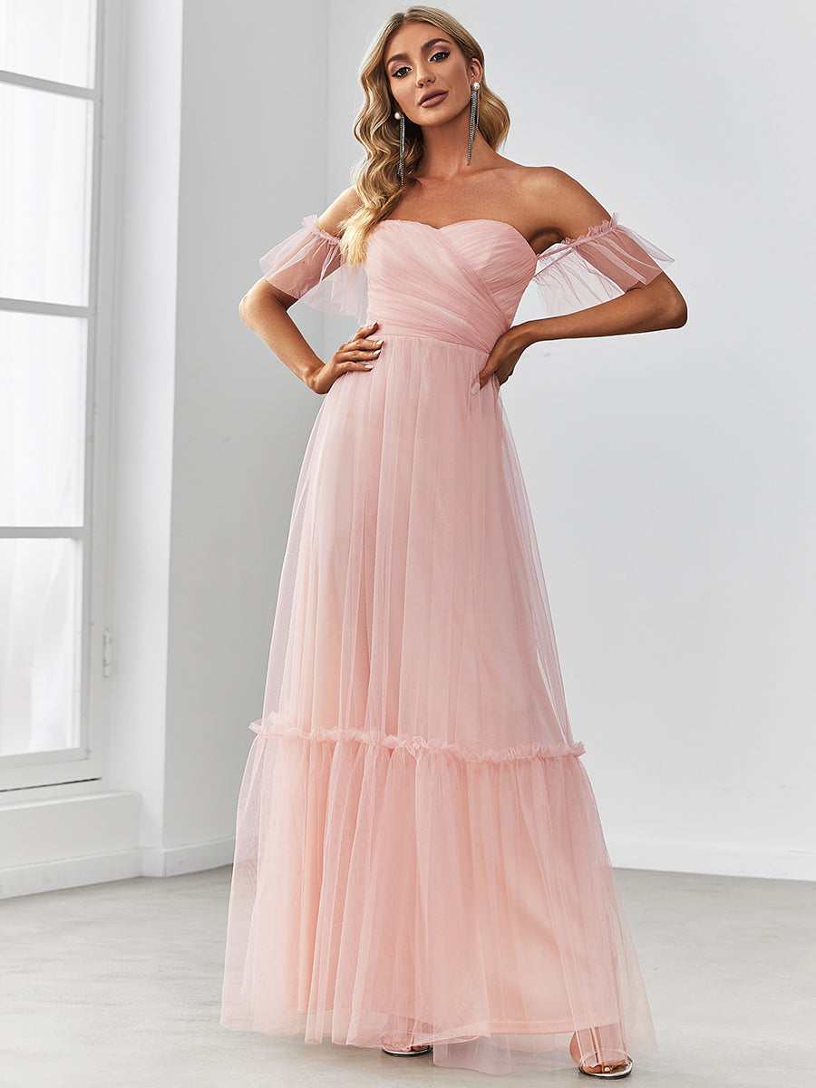 Robe Mariage Invitée en tulle plissée à épaules dénudées #Couleur_Rose