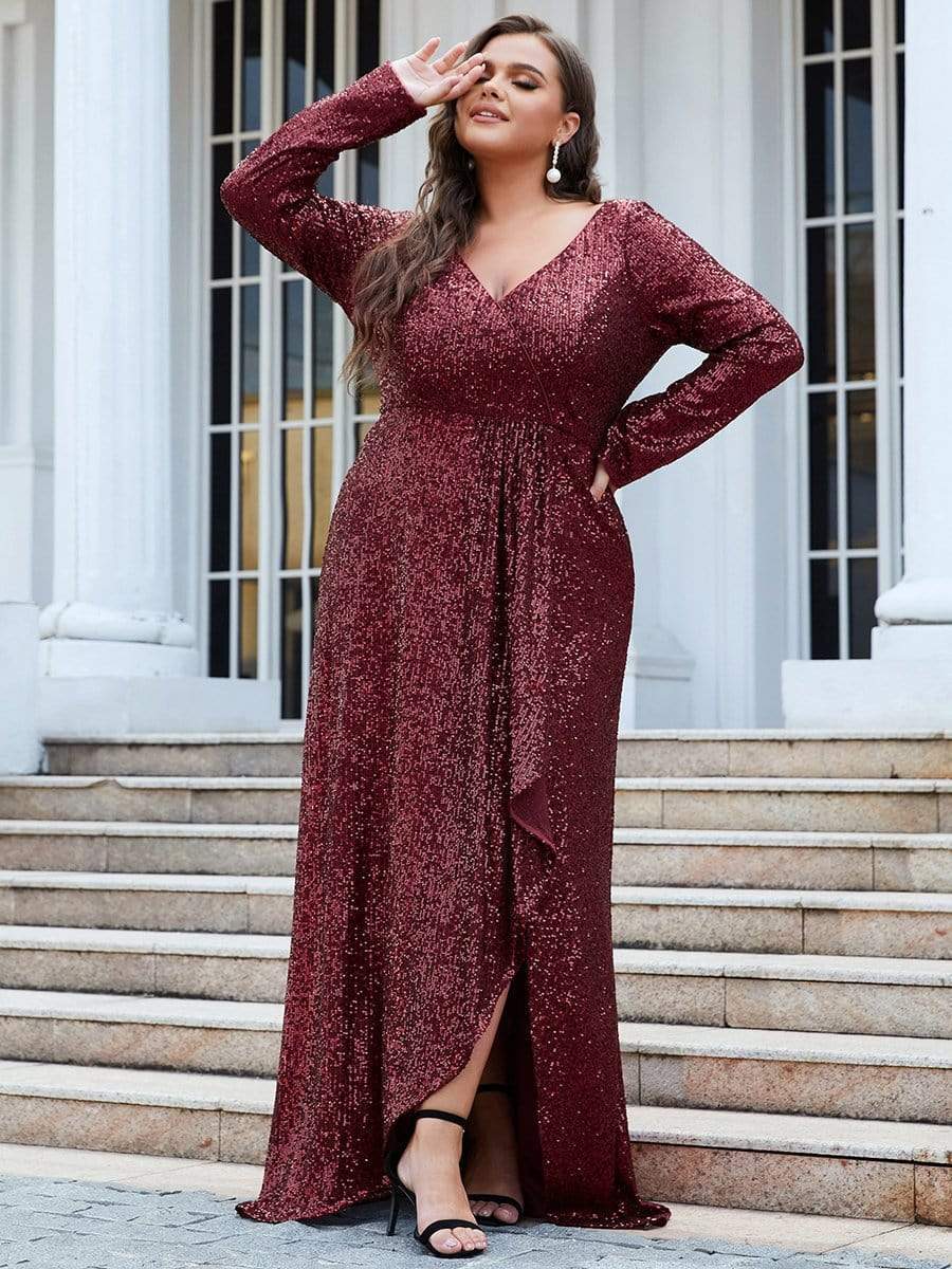 Robe de soirée à manches longues et à sequins #Couleur_Bordeaux