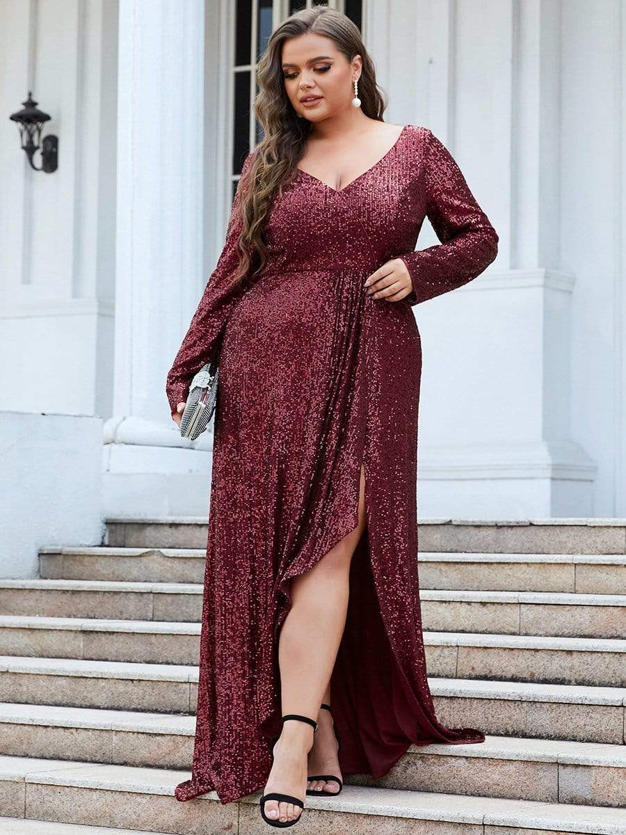 Robe de soirée à manches longues et à sequins #Couleur_Bordeaux