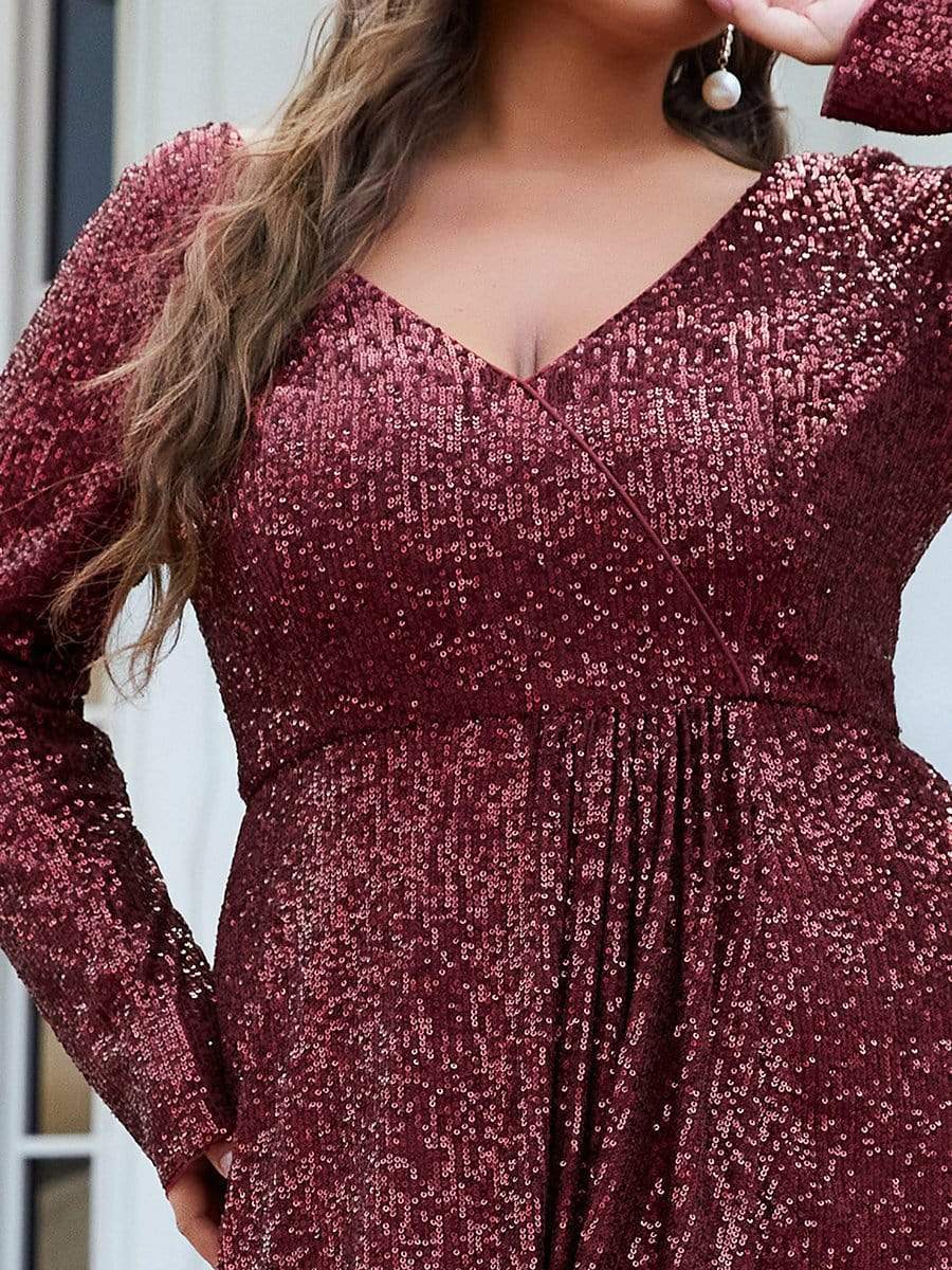 Robe de soirée à manches longues et à sequins #Couleur_Bordeaux