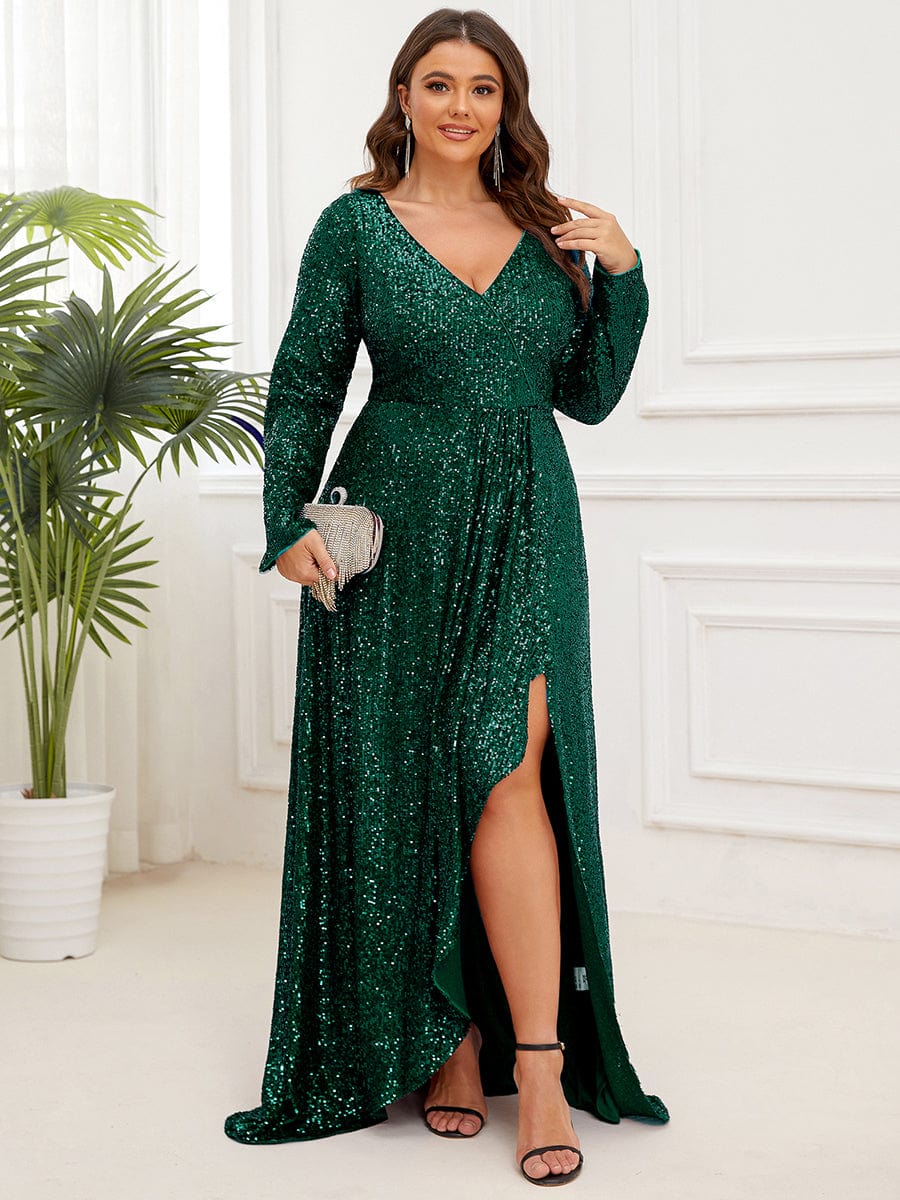 Robe de soirée à manches longues et à sequins #Couleur_Vert Fonce