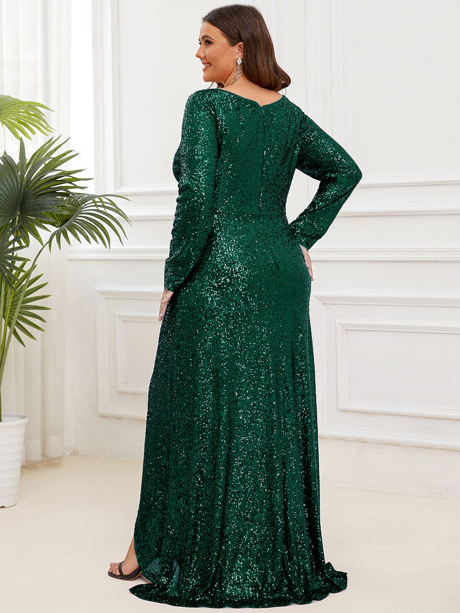 Robe de soirée à manches longues et à sequins #Couleur_Vert Fonce