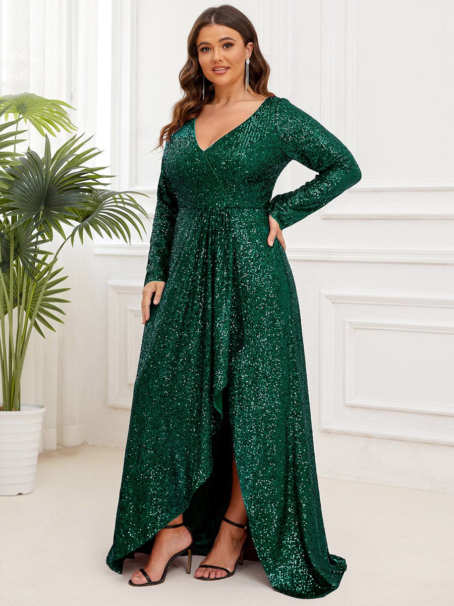 Robe de soirée à manches longues et à sequins #Couleur_Vert Fonce