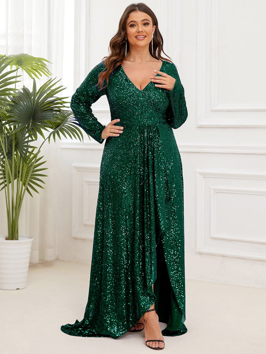 Robe de soirée à manches longues et à sequins #Couleur_Vert Fonce