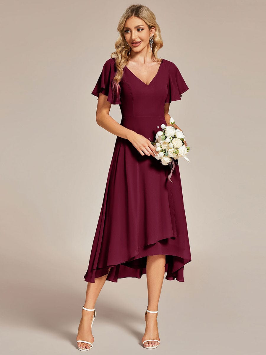 Robe Mariage Invitée haute-basse mousseline col en V Manches à volants #Couleur_Bordeaux