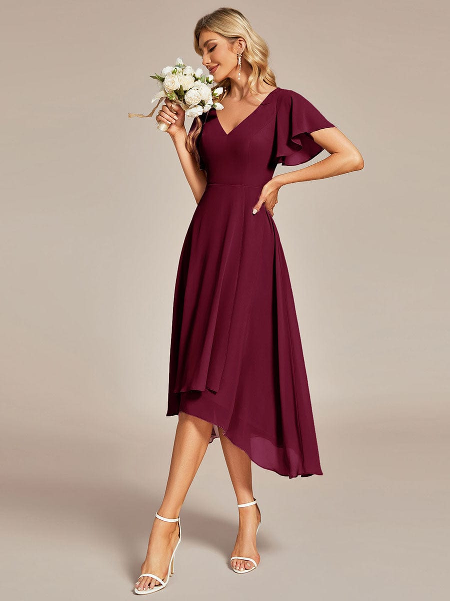 Robe Mariage Invitée haute-basse mousseline col en V Manches à volants #Couleur_Bordeaux