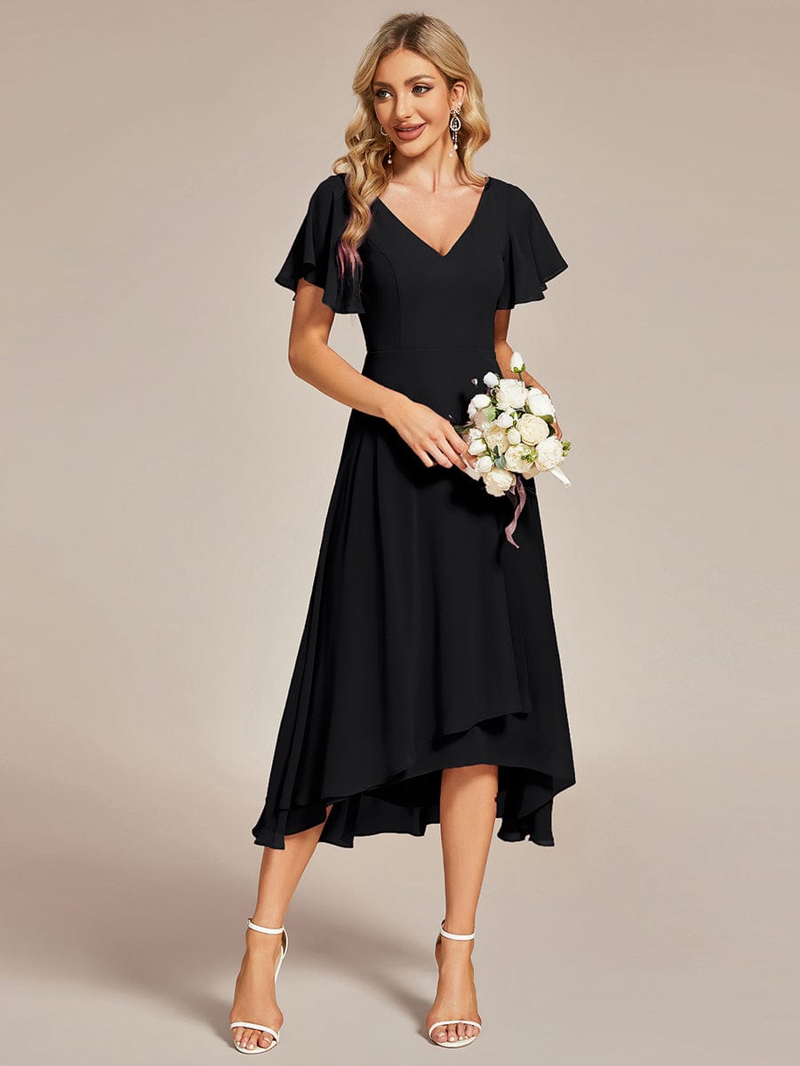 Robe Mariage Invitée haute-basse mousseline col en V Manches à volants #Couleur_Noir