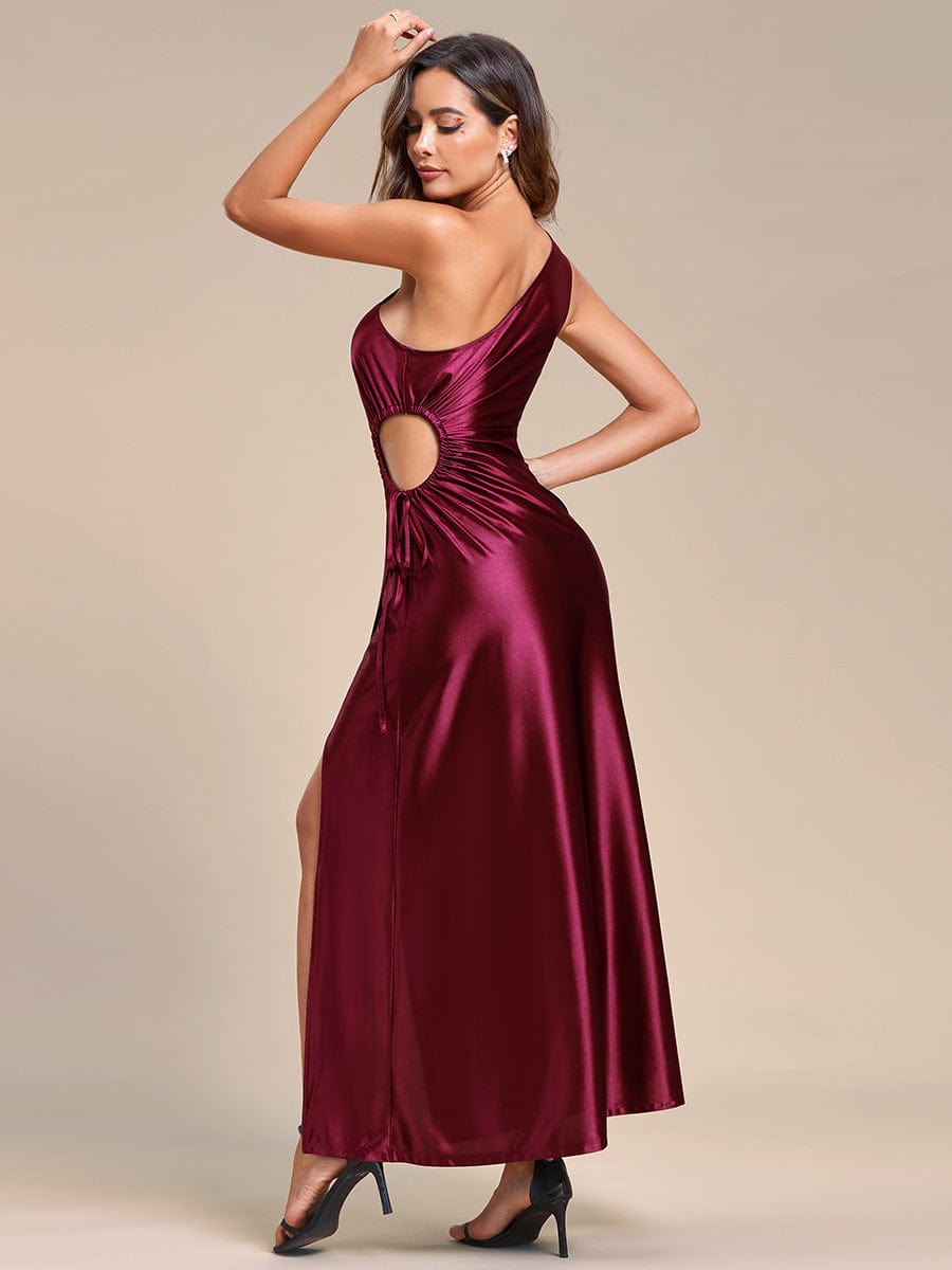 Robe Mariage Invitée en satin avec ceinture élastique à épaules dénudées  #Couleur_Bordeaux