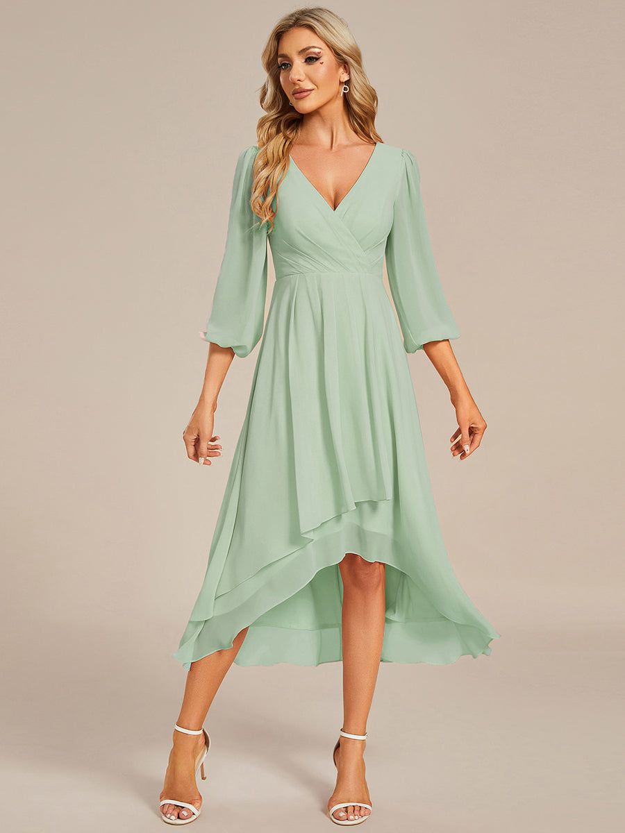 Robe invité de mariage mi-longue manches longues ourlet asymétrique #Couleur_Menthe Verte