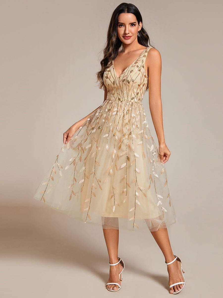 Robe d invite de mariage mi longue a paillettes et col en V coupe trapeze sans manches Ever Pretty FR