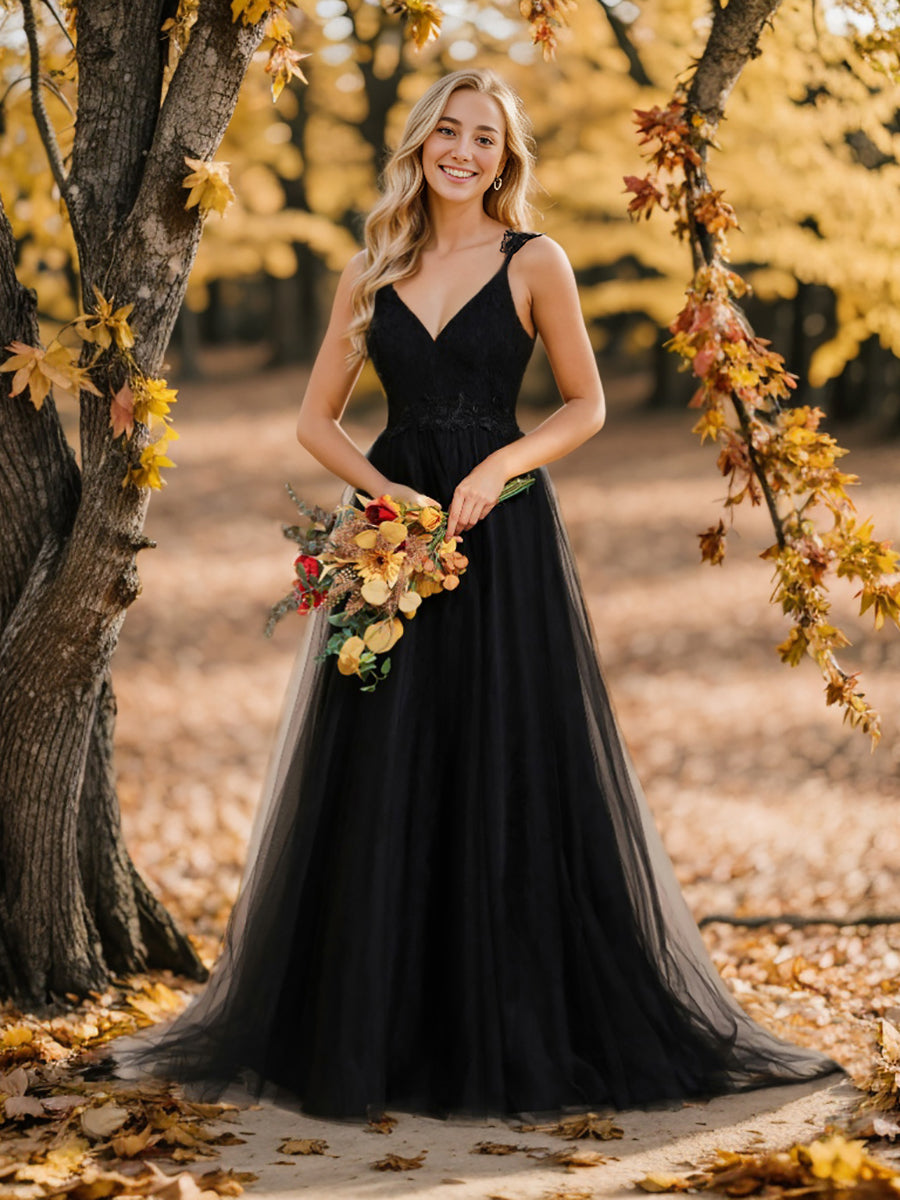 Robe De Mariée Trapèze à Double Col En V Et Corsage En Dentelle #Couleur_Noir