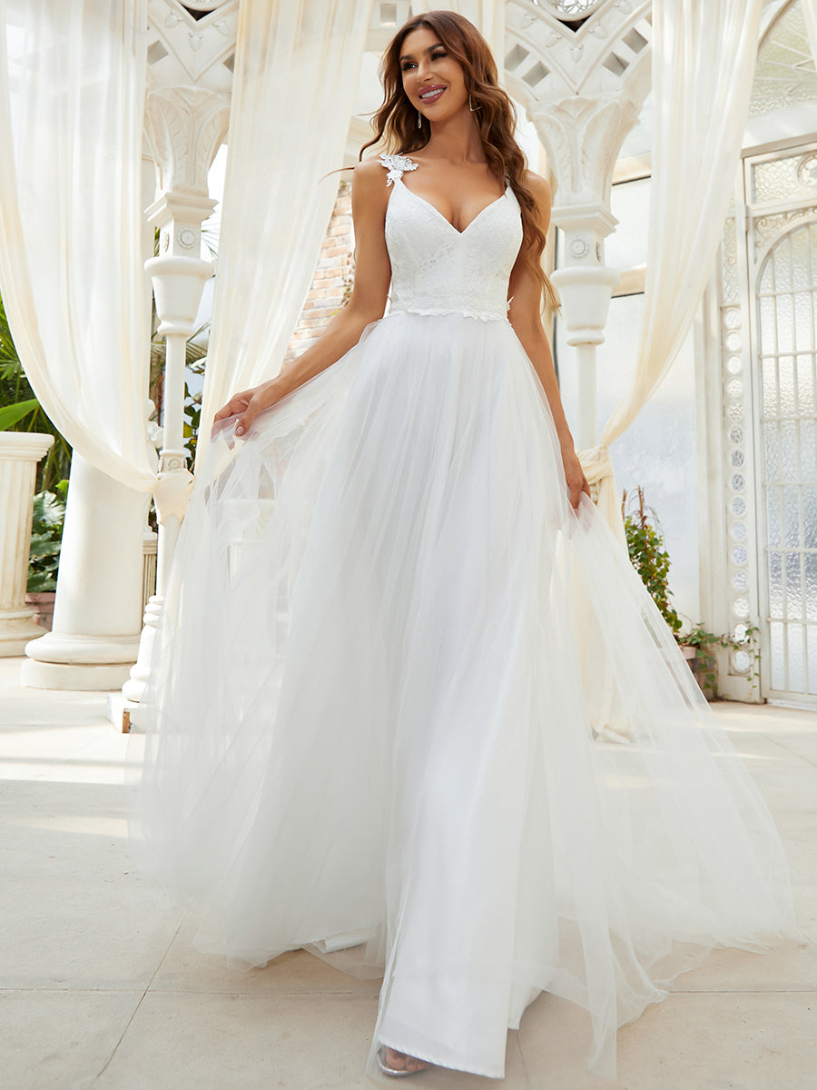 Robe De Mariée Trapèze à Double Col En V Et Corsage En Dentelle #Couleur_Creme