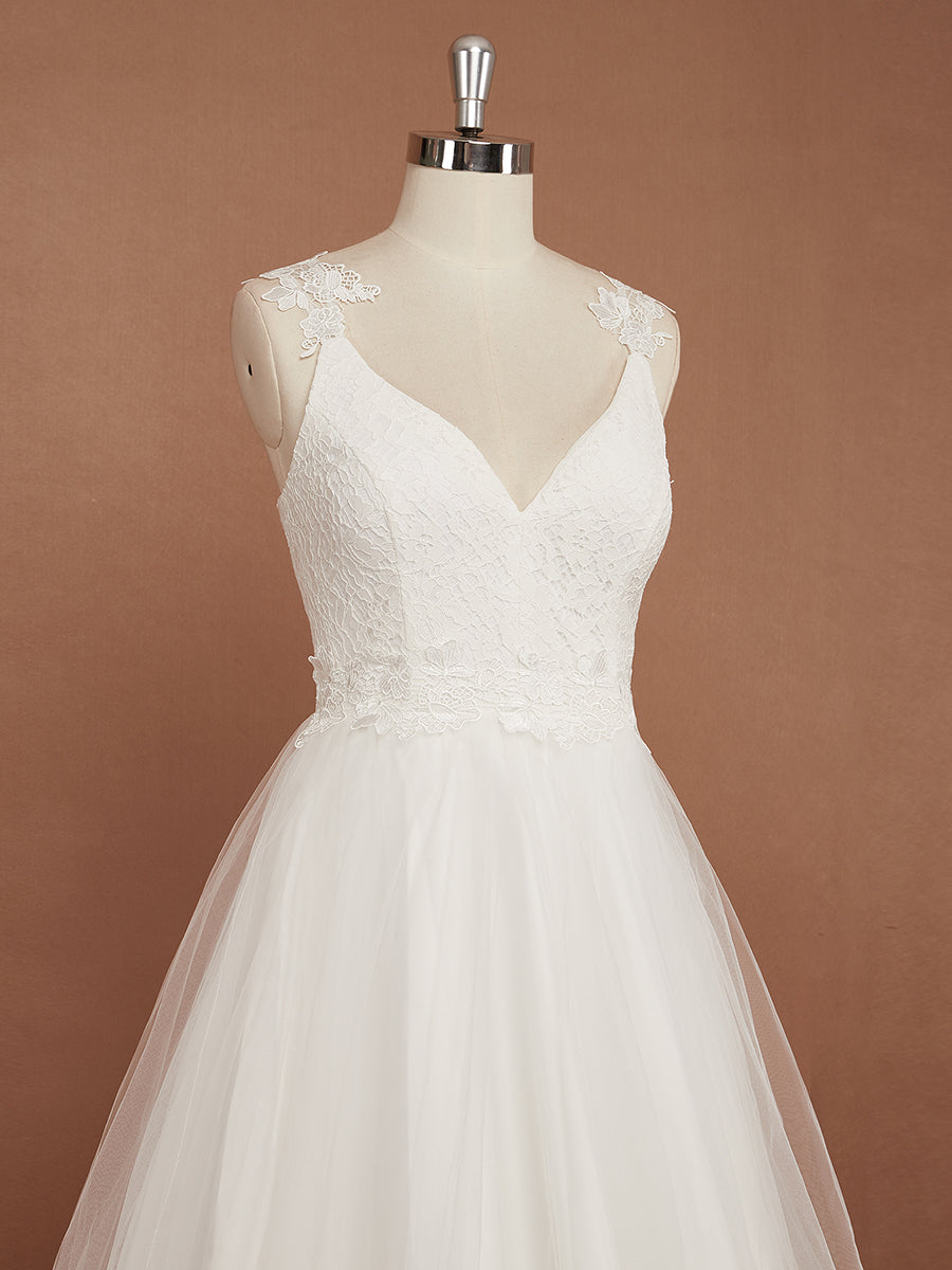 Robe De Mariée Trapèze à Double Col En V Et Corsage En Dentelle #Couleur_Creme