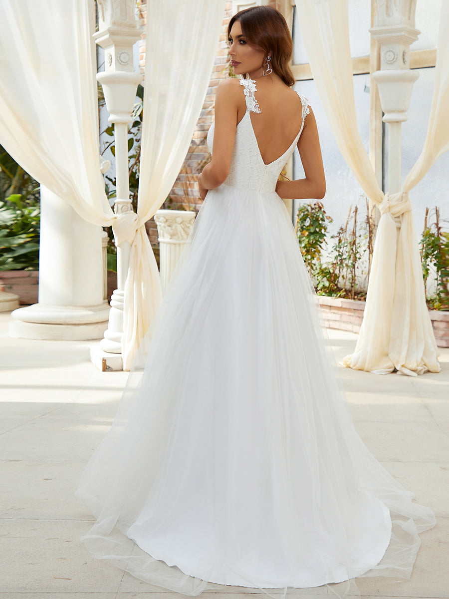 Robe De Mariée Trapèze à Double Col En V Et Corsage En Dentelle #Couleur_Creme