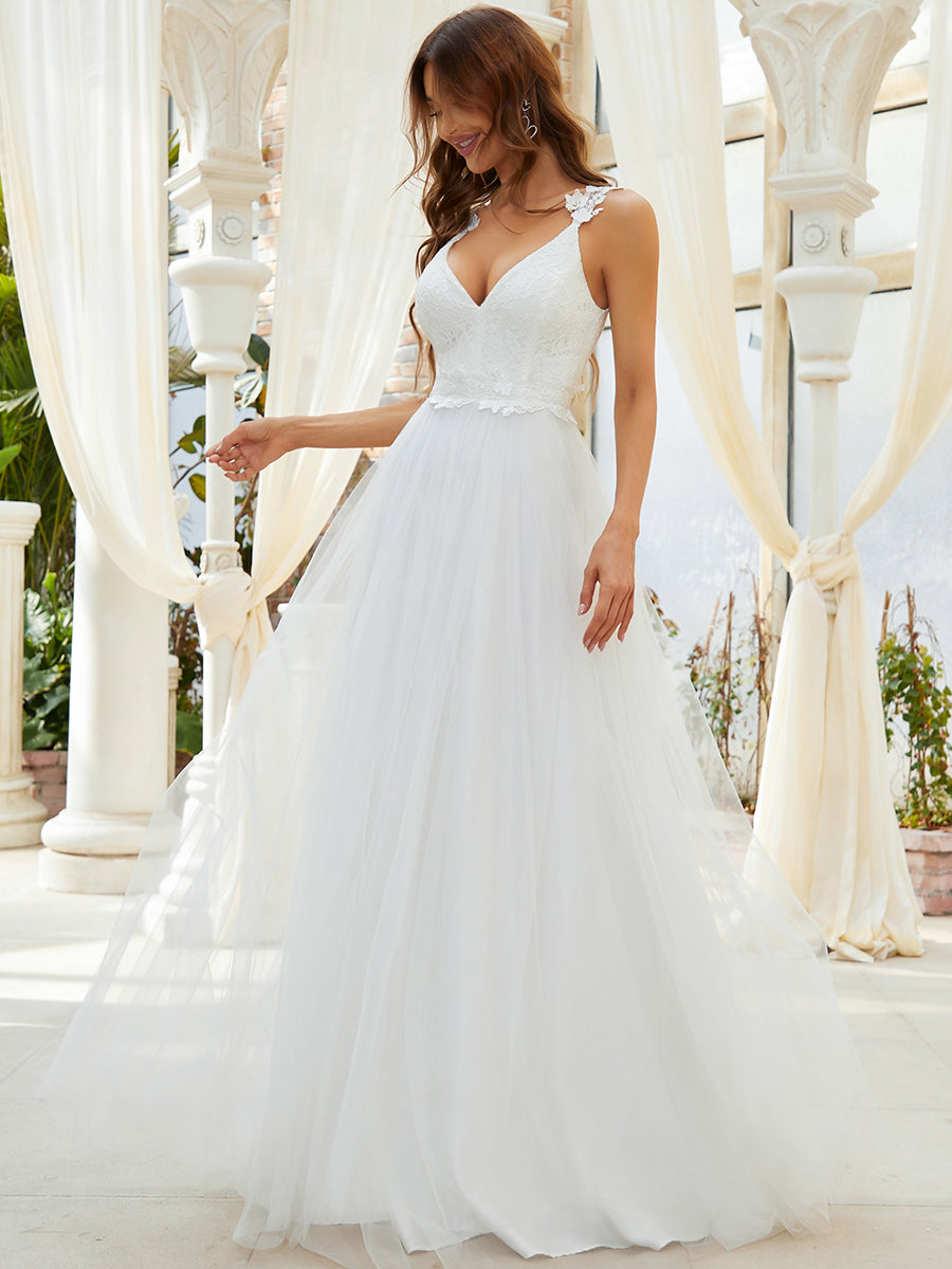 Robe De Mariée Trapèze à Double Col En V Et Corsage En Dentelle #Couleur_Creme