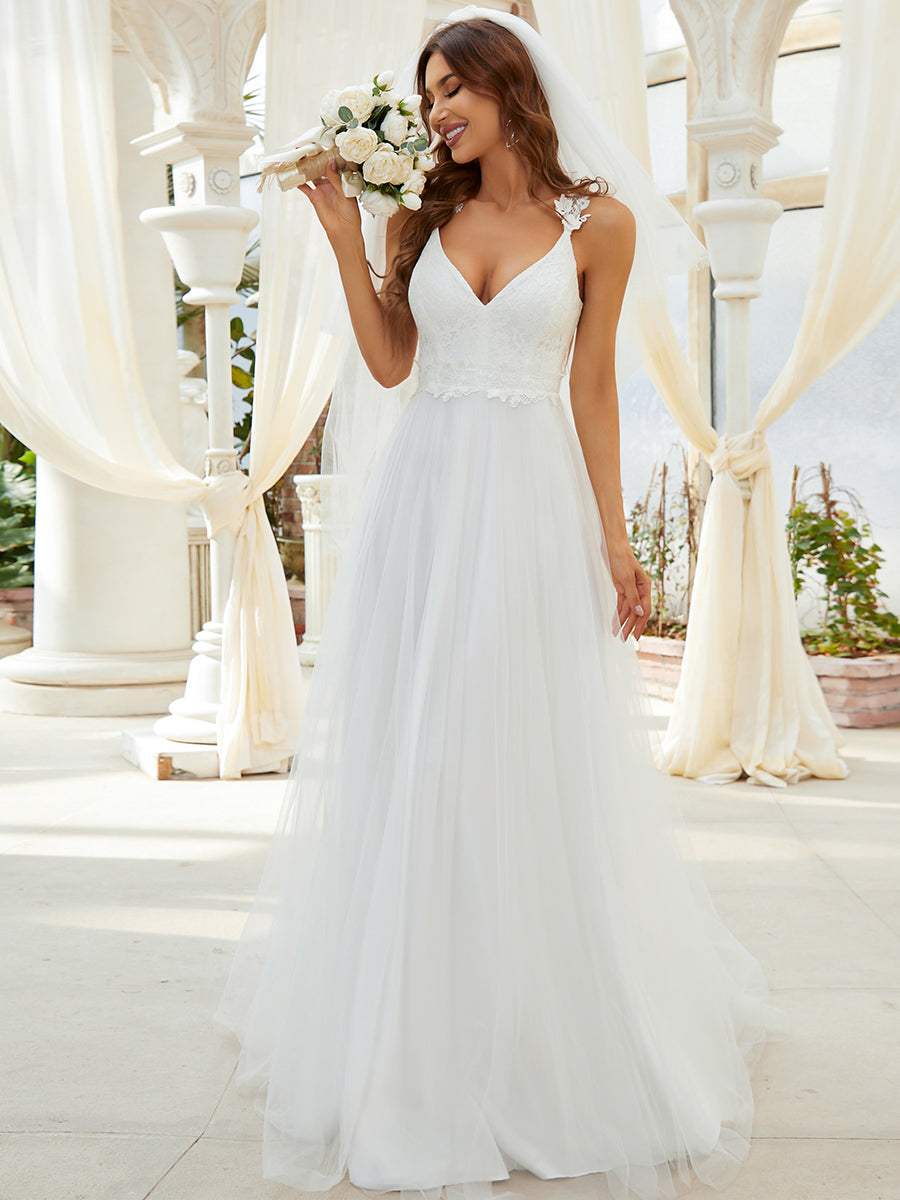 Robe De Mariée Trapèze à Double Col En V Et Corsage En Dentelle #Couleur_Creme