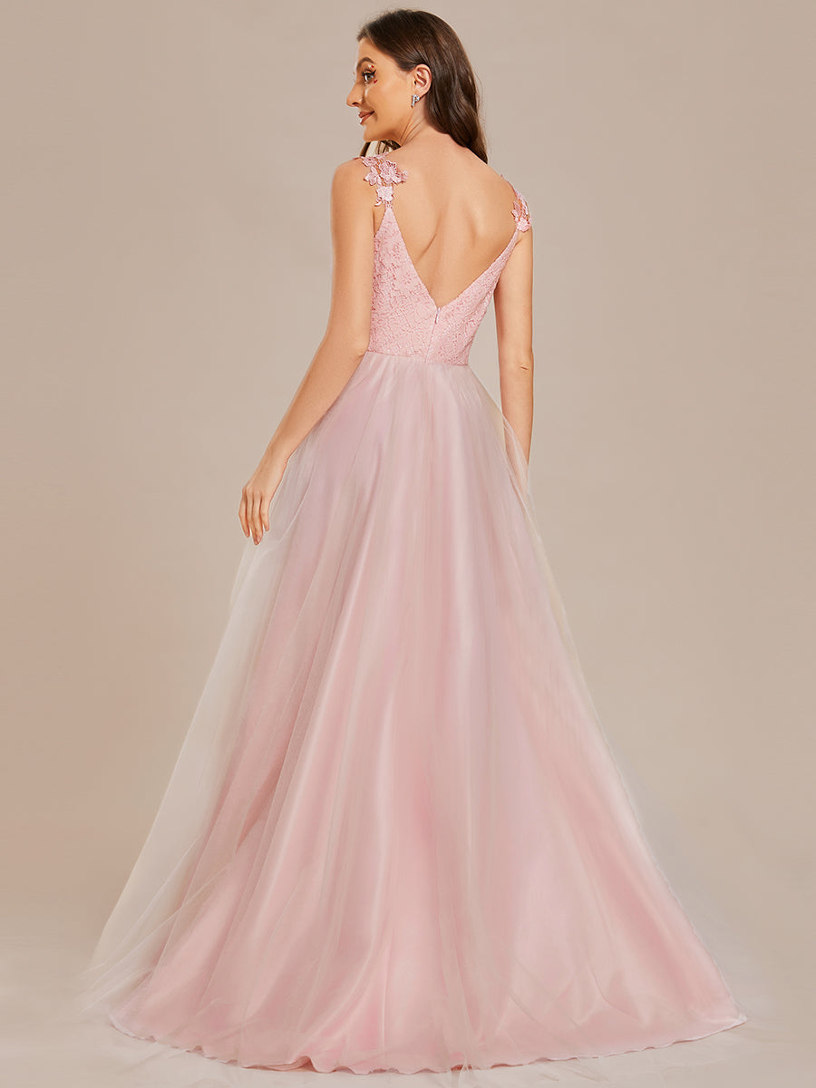 Robe De Mariée Trapèze à Double Col En V Et Corsage En Dentelle #Couleur_Rose